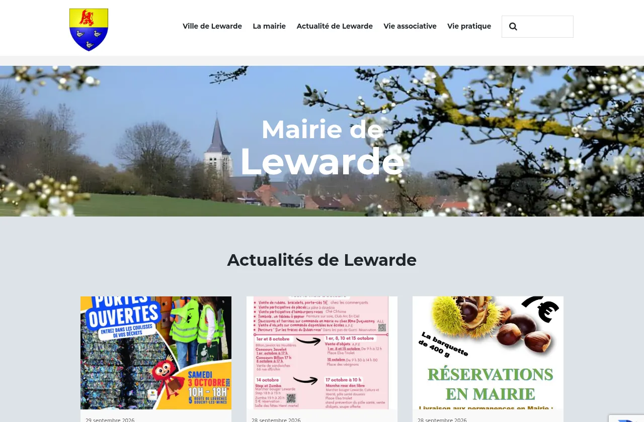 Site en ligne de Lewarde : bandeau photo de l’église, titre « Mairie de Lewarde », puis un fil d’actualités.