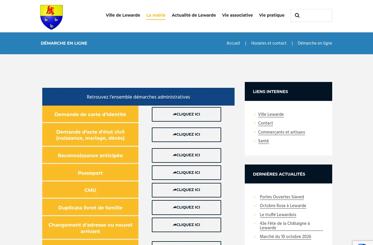 Page Démarche en ligne du site actuel : chaque démarche est un bouton « Cliquez ici ».