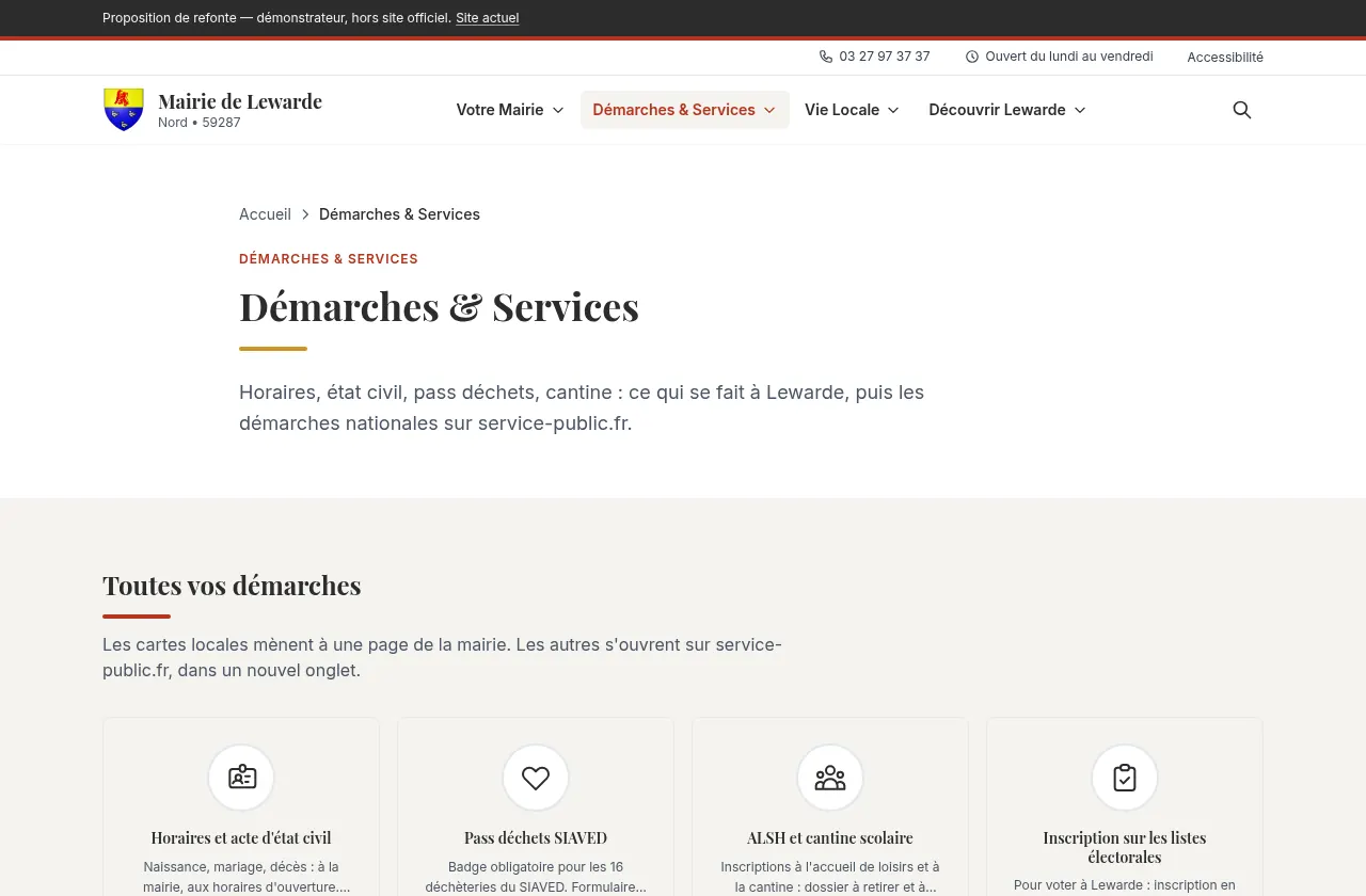 Proposition : démarches nommées, état civil, pass déchets, cantine, listes électorales. Bandeau démonstrateur.