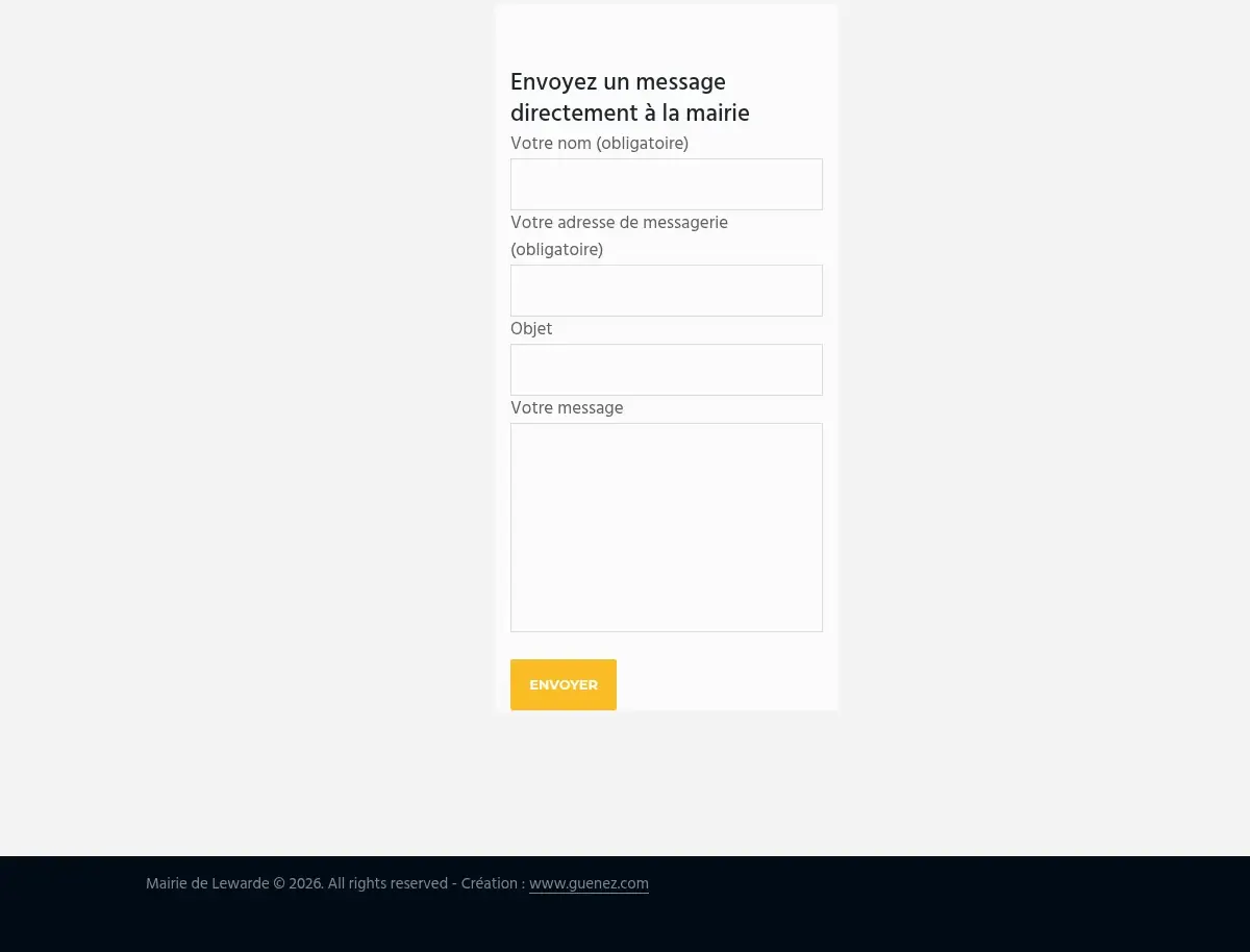 Formulaire de contact du site actuel, sans information sur les données, et pied de page « All rights reserved ».