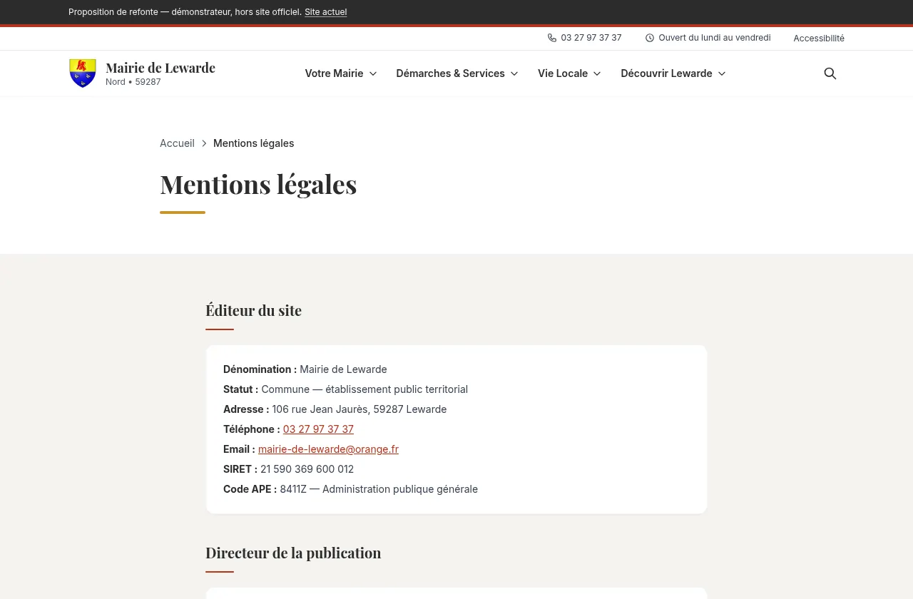 Page Mentions légales de la proposition, avec le bandeau démonstrateur et le lien Accessibilité.